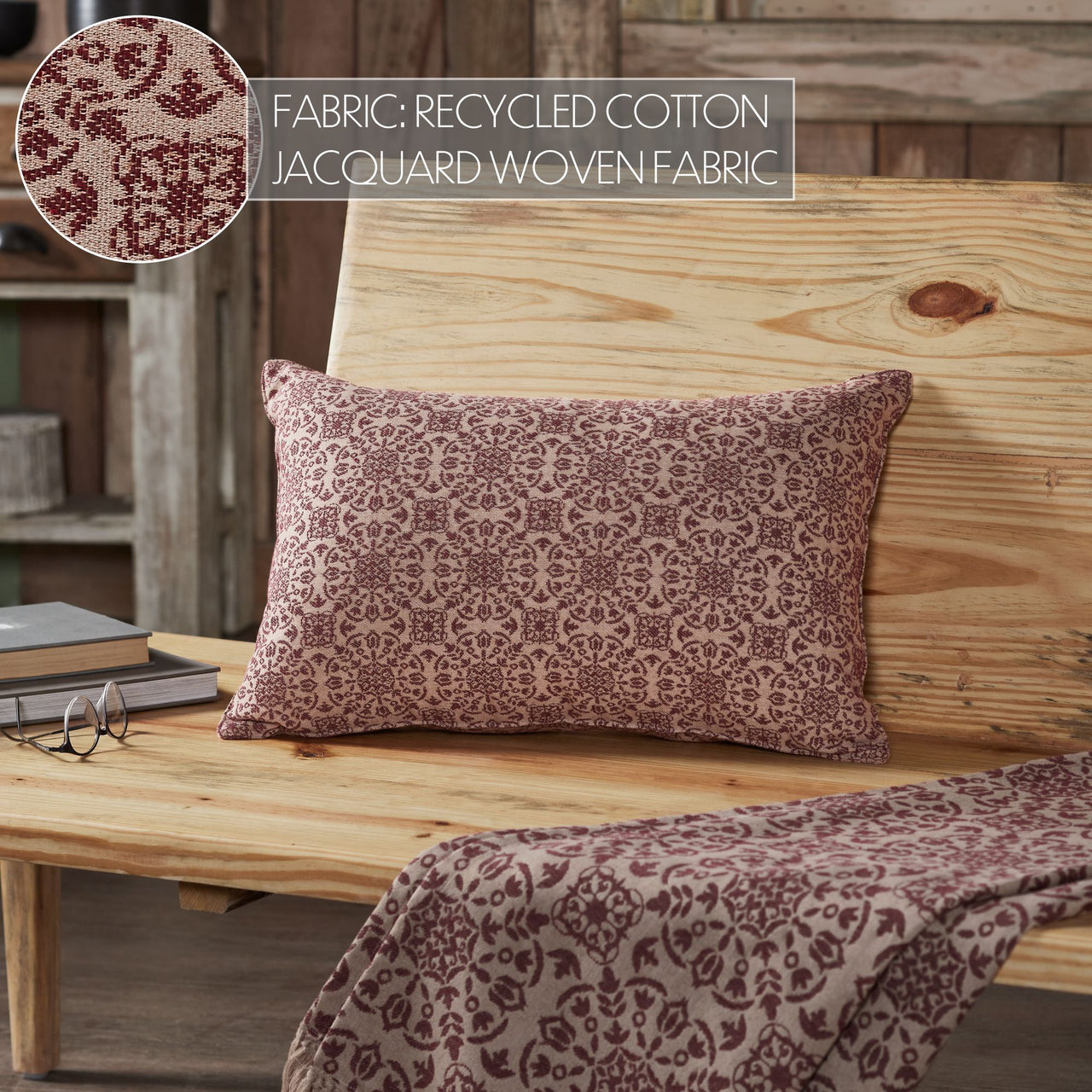 Custom House Burgundy Tan Jacquard Pillow 14"x22" VHC Brands - The Fox Decor