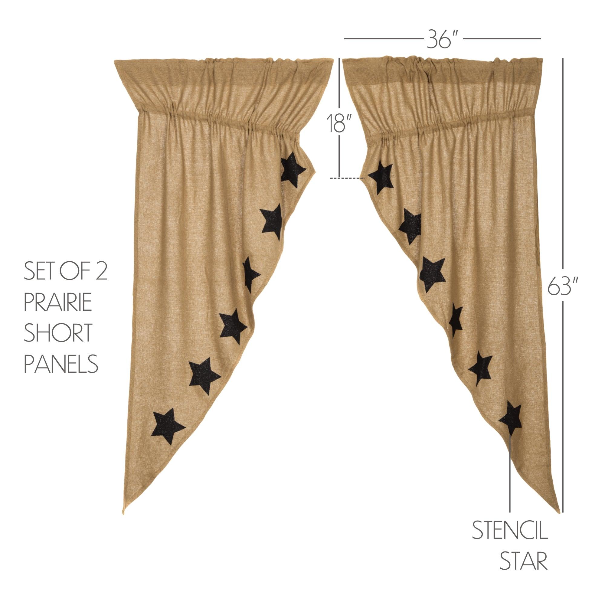 Burlap w/Black Stencil Stars Prairie Short Panel Curtain Set of 2 63x36x18 - The Fox Decor