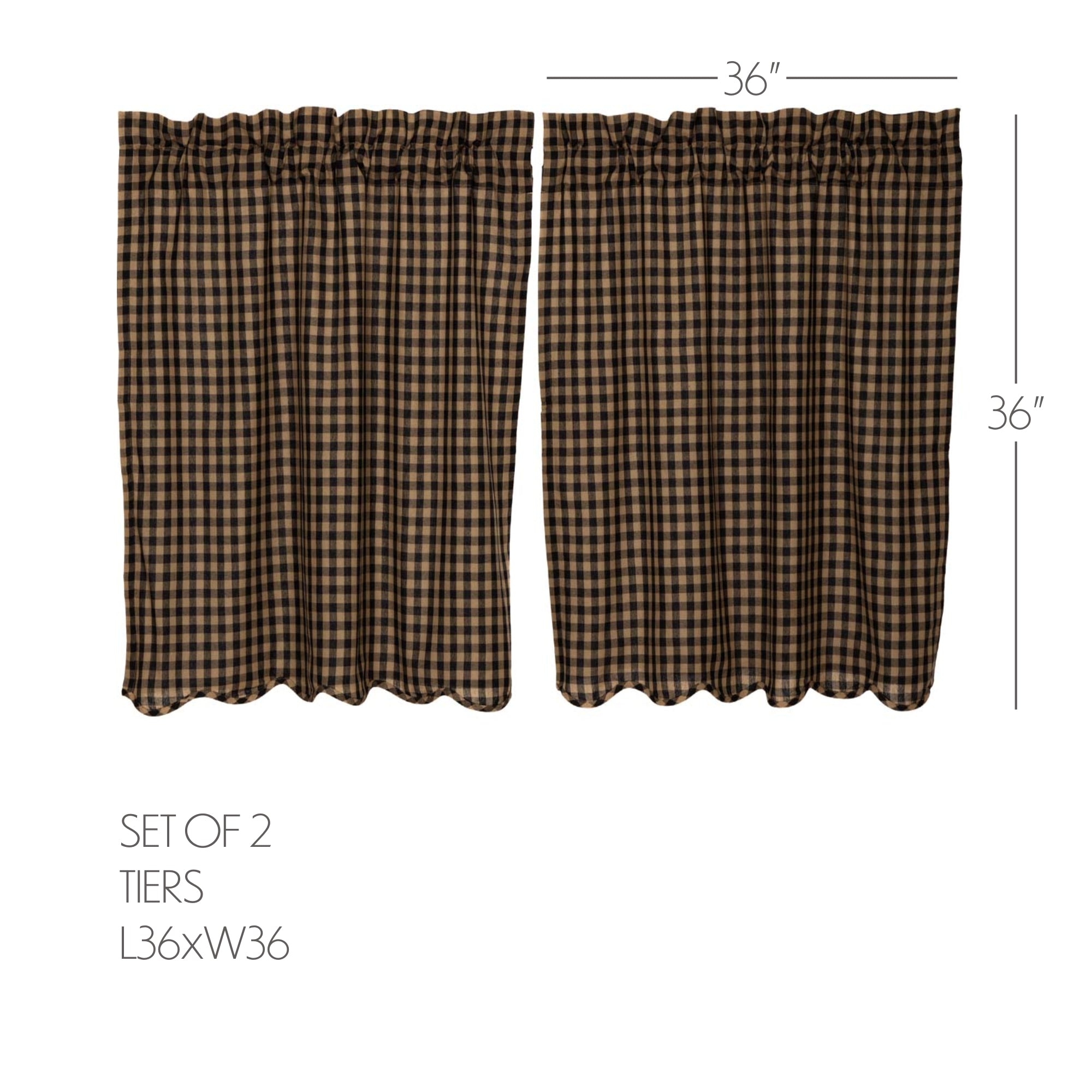 Black Check Scalloped Tier Curtain Set of 2 L36xW36
