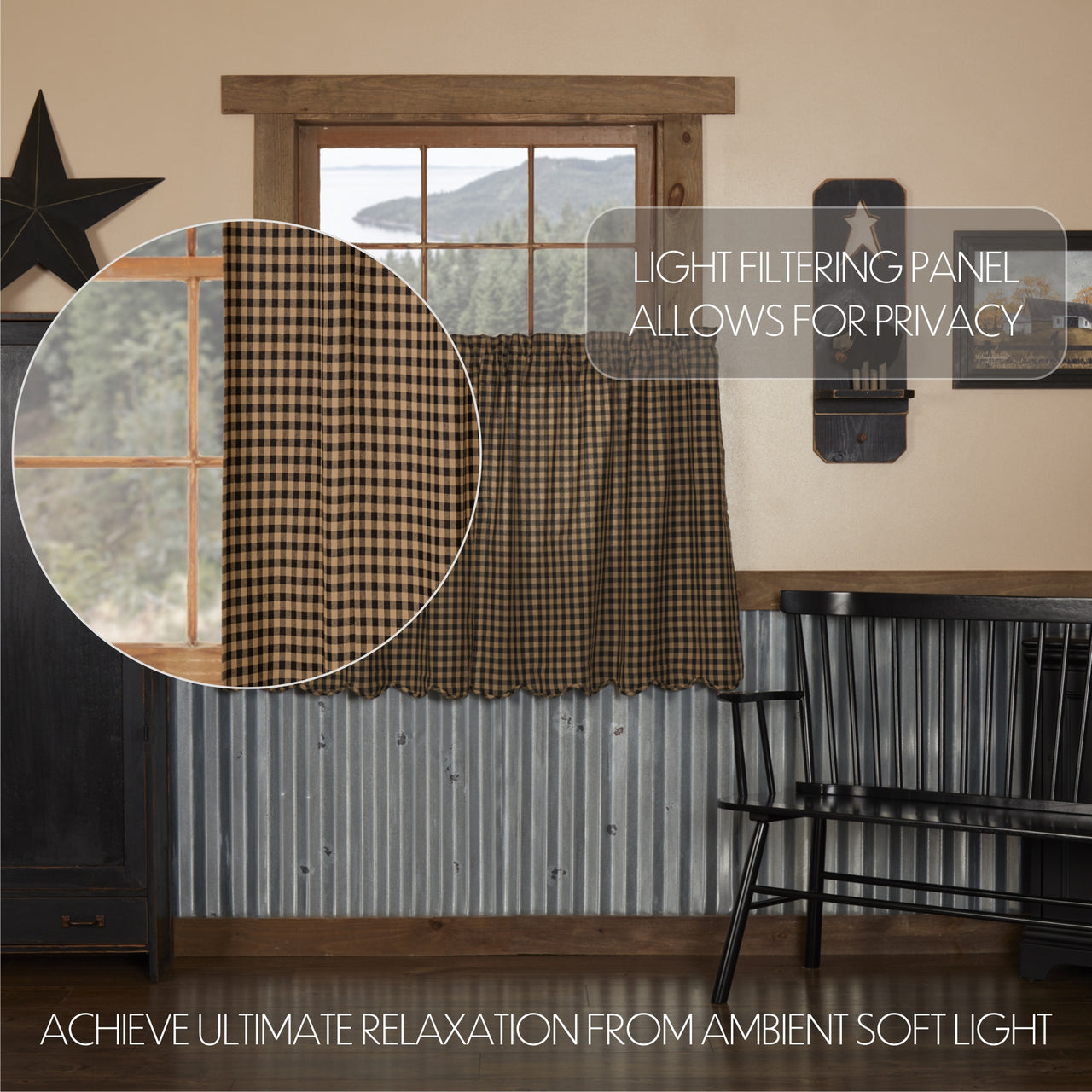 Black Check Scalloped Tier Curtain Set of 2 L36xW36