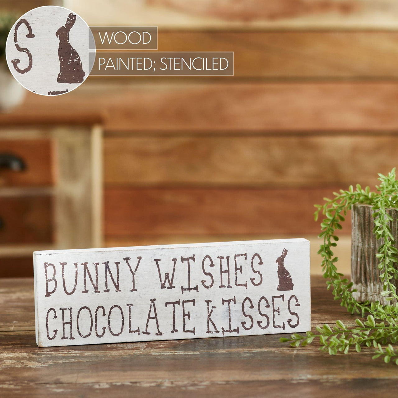 Bunny Wishes Chocolate Kisses Wooden Sign 4x12 - The Fox Decor