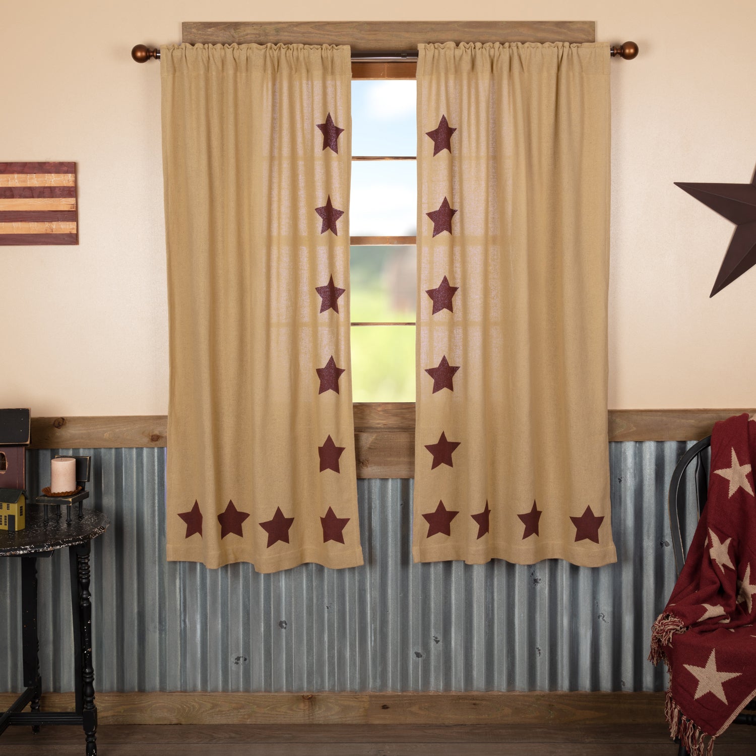 Burlap w/Burgundy Stencil Stars Short Panel Country Curtain Set of 2 36