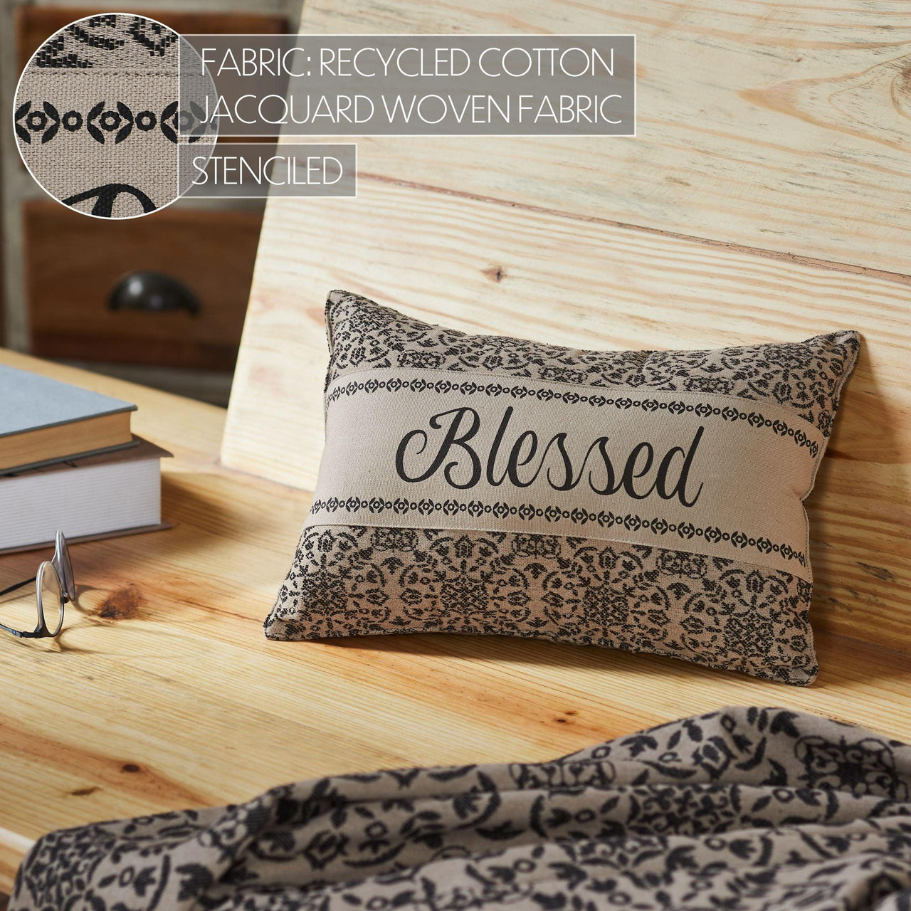 Custom House Black Tan Jacquard Blessed Pillow 9.5x14 - The Fox Decor