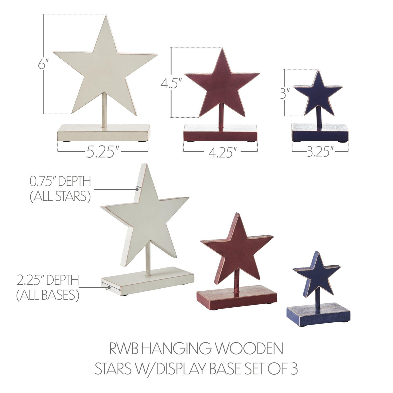 RWB Hanging Wooden Stars w/ Display Base Set of 3 - The Fox Decor