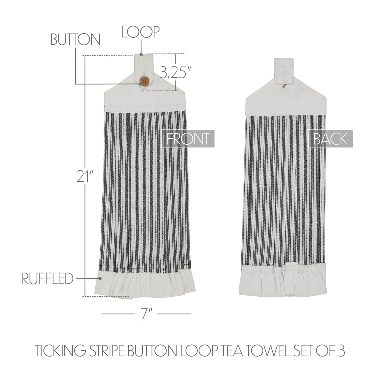 Sawyer Mill Black Ticking Stripe Button Loop Tea Towel Set of 3 - The Fox Decor