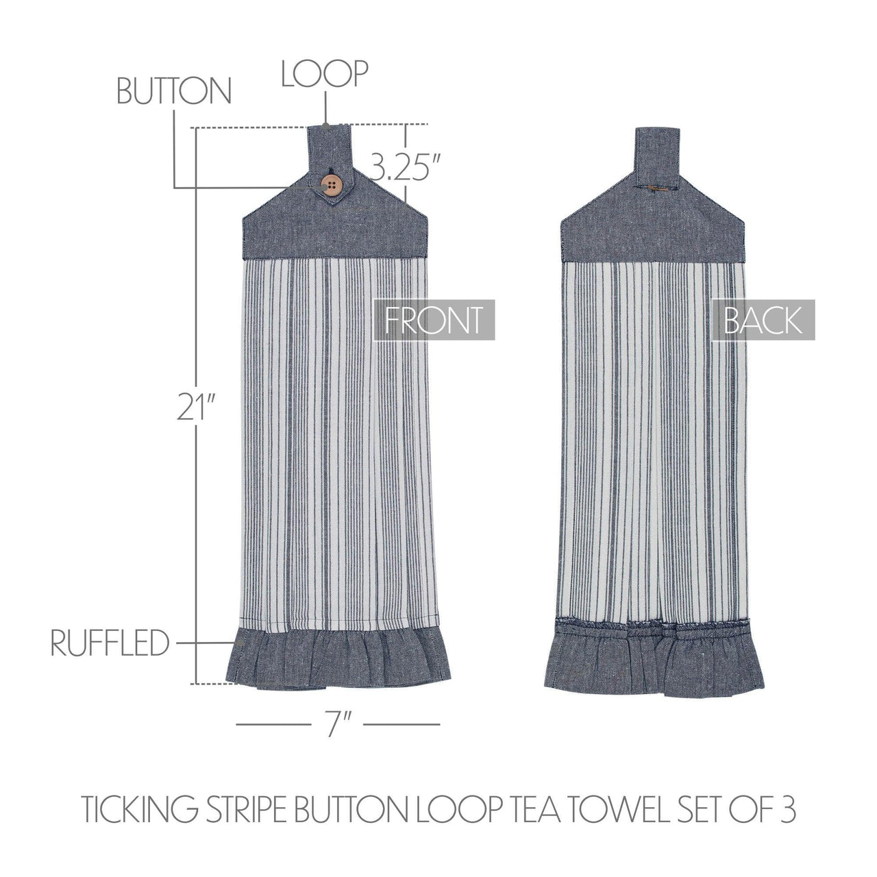 Sawyer Mill Blue Ticking Stripe Button Loop Tea Towel Set of 3 - The Fox Decor