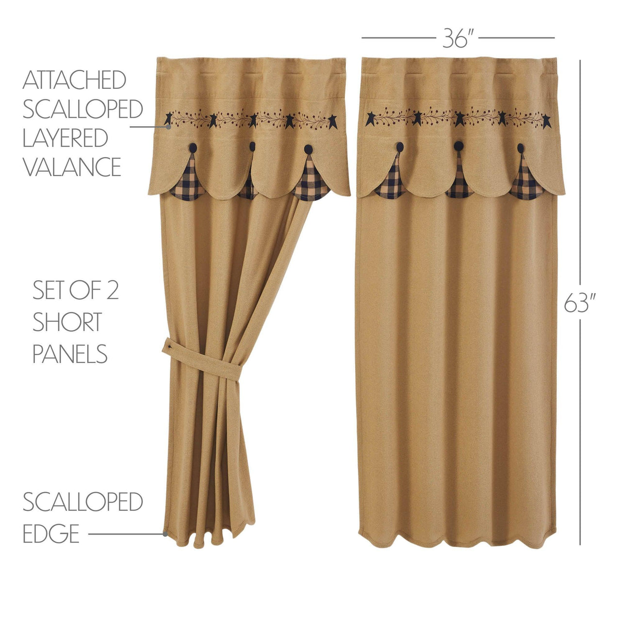 Pip Vinestar Short Panel with Attached Scalloped Layered Valance Set of 2 63x36 - The Fox Decor