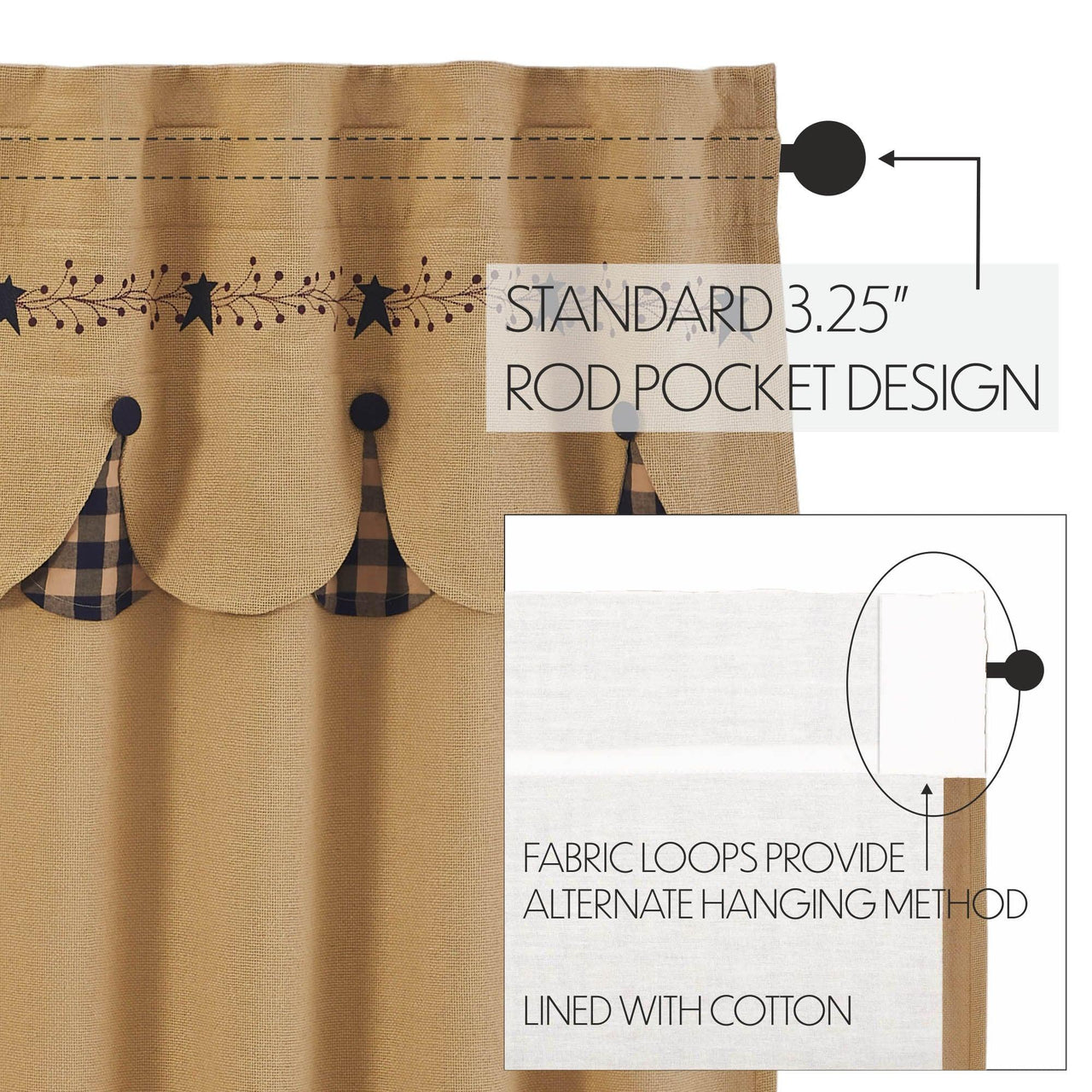 Pip Vinestar Short Panel with Attached Scalloped Layered Valance Set of 2 63x36 - The Fox Decor