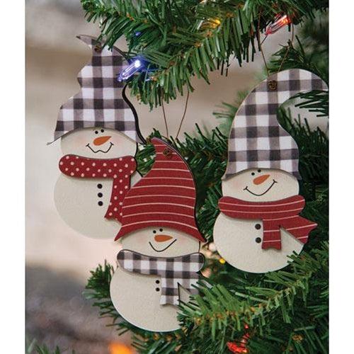 3 Set Wooden Buffalo Check Hat Snowman Ornaments - The Fox Decor
