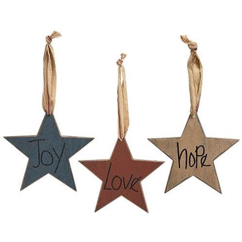 3 Set Joy Love Hope Primitive Star Ornaments - The Fox Decor