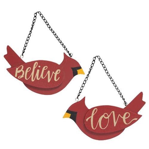 2 Set Believe & Love Wooden Cardinal Ornaments - The Fox Decor