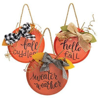 Sweater Weather Round Hanging Sign w Burlap Bow 3 Asstd - The Fox Decor