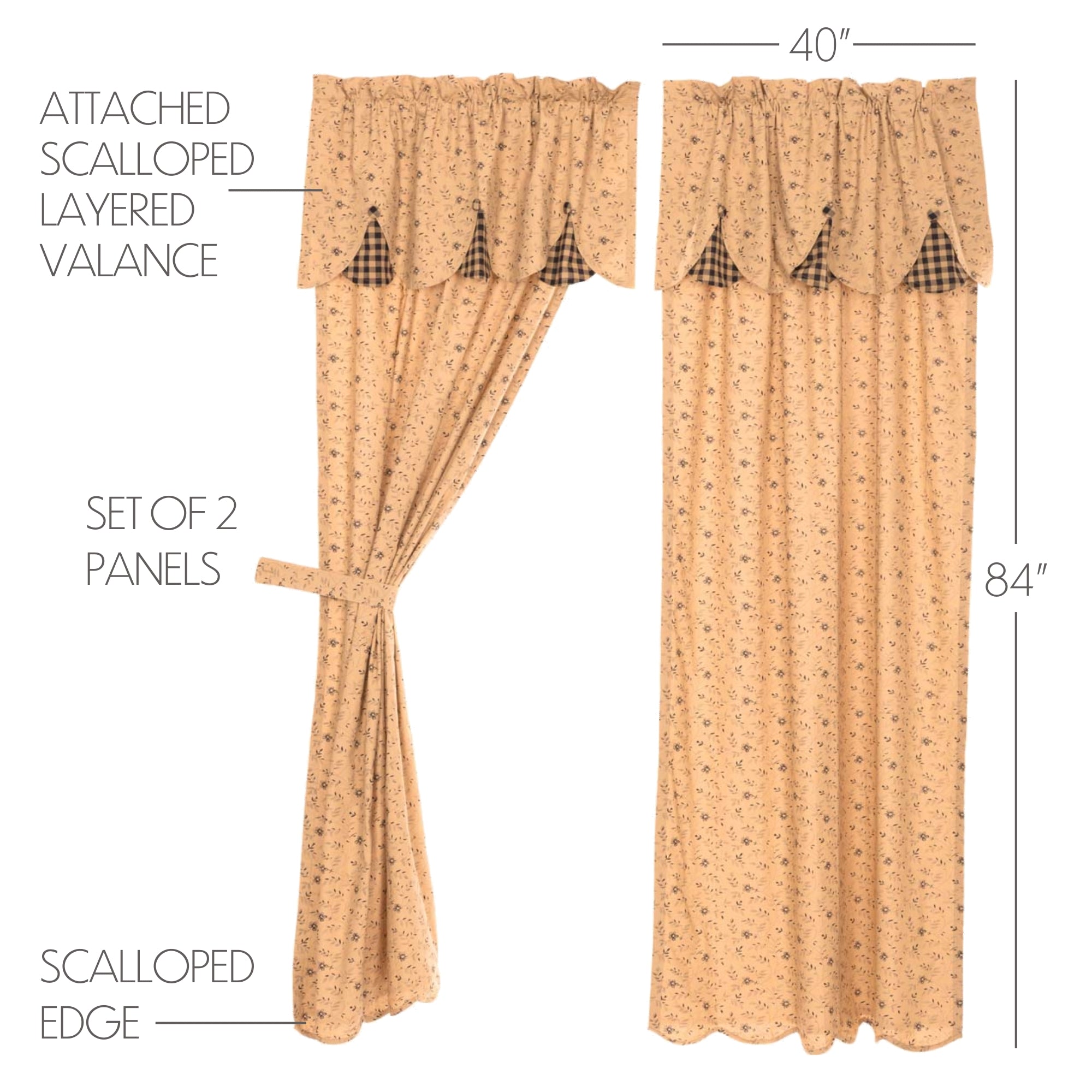 Maisie Panel Curtain with Attached Scalloped Layered Valance Country Style Curtain Set of 2 84