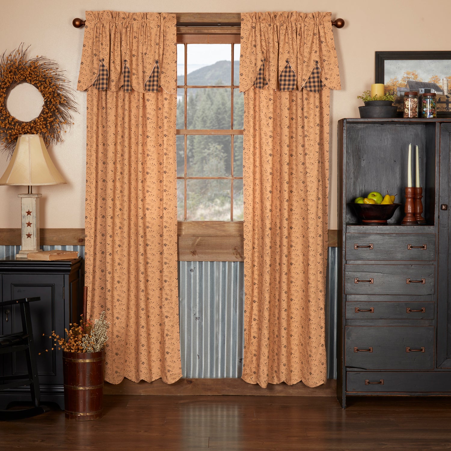 Maisie Panel Curtain with Attached Scalloped Layered Valance Country Style Curtain Set of 2 84