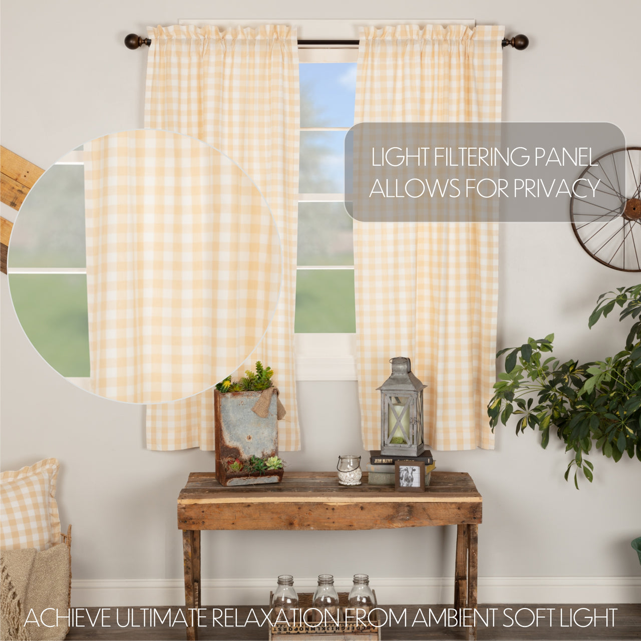 Annie Buffalo Tan Check Short Panel Curtain Set of 2 63"x36" VHC Brands