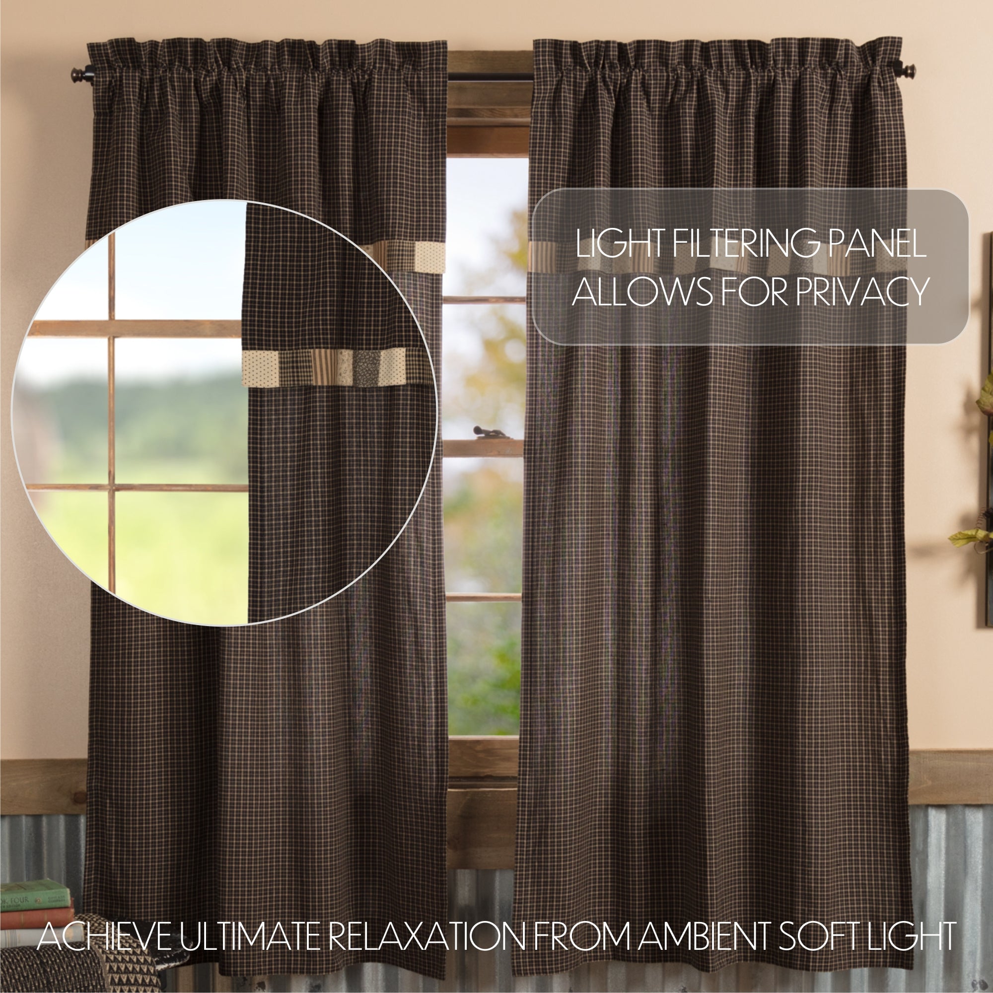 Kettle Grove Short Panel Curtain with Attached Valance Block Border Set of 2 36