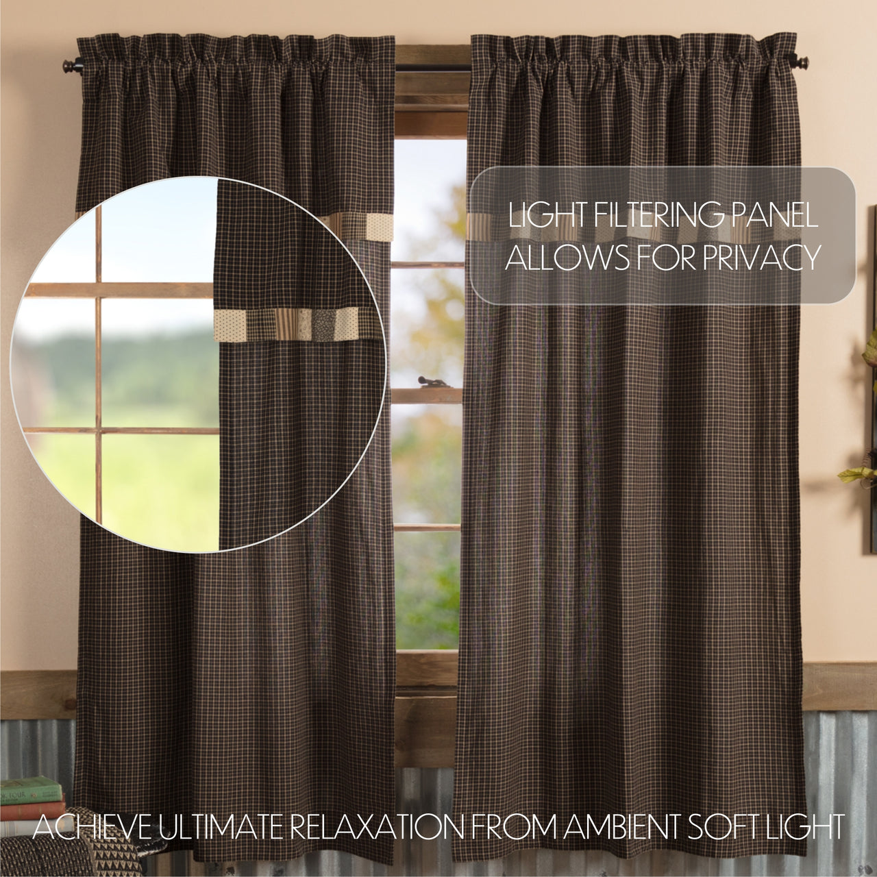 Kettle Grove Short Panel Curtain with Attached Valance Block Border Set of 2 36"x63"