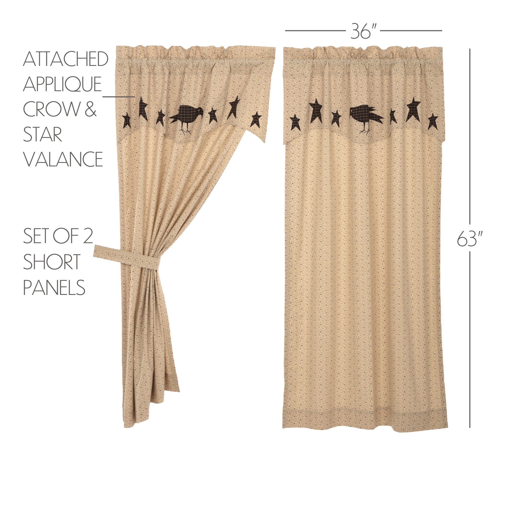 Kettle Grove Short Panel Curtain with Attached Applique Crow and Star Valance Set of 2 63x36 VHC Brands