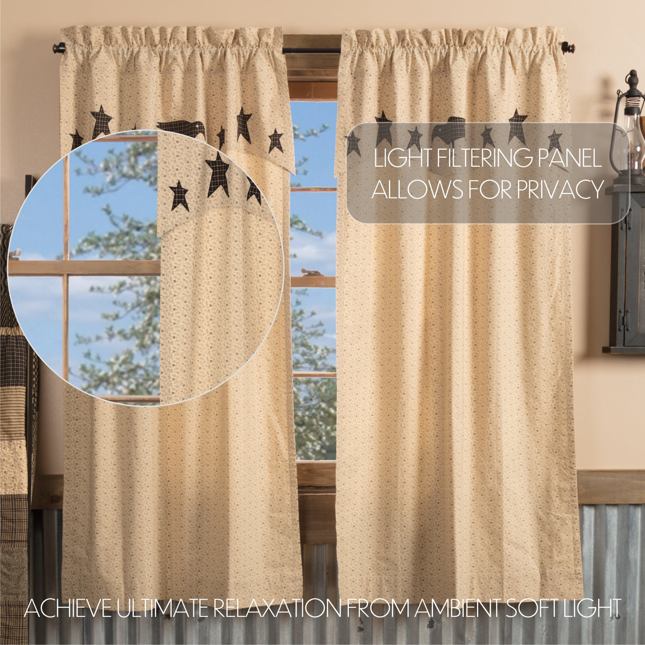 Kettle Grove Short Panel Curtain with Attached Applique Crow and Star Valance Set of 2 63x36 VHC Brands