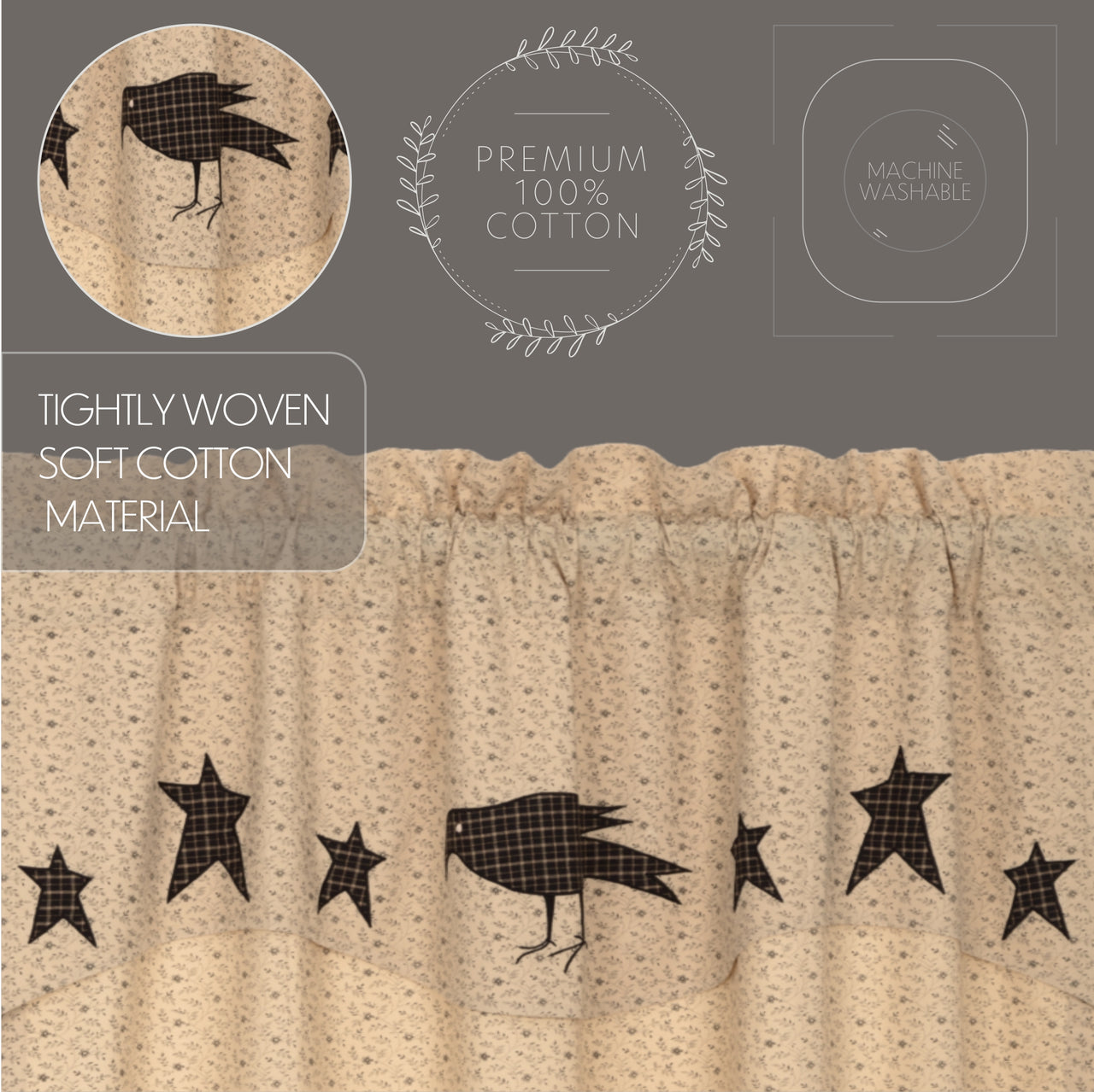 Kettle Grove Short Panel Curtain with Attached Applique Crow and Star Valance Set of 2 63x36 VHC Brands