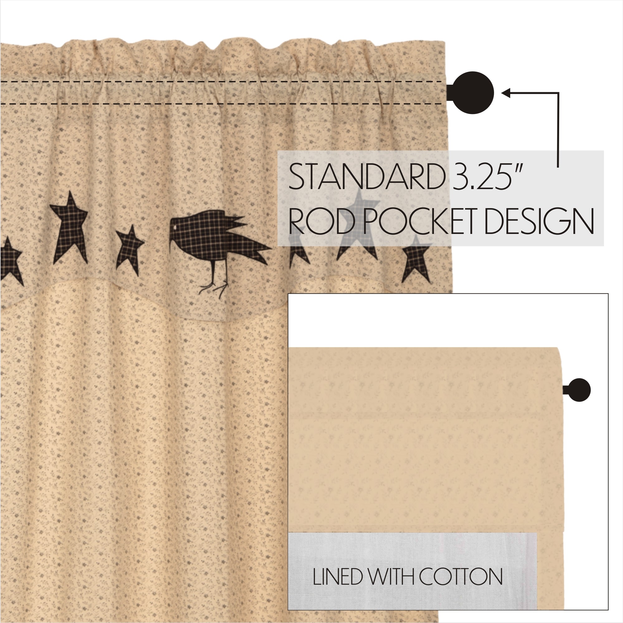 Kettle Grove Short Panel Curtain with Attached Applique Crow and Star Valance Set of 2 63x36 VHC Brands
