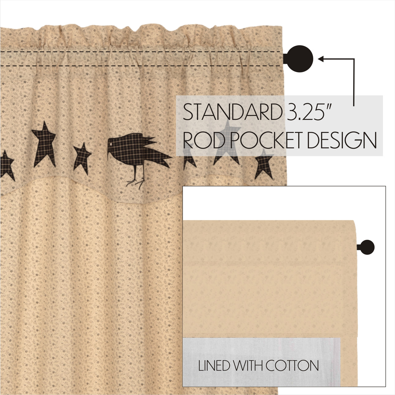 Kettle Grove Short Panel Curtain with Attached Applique Crow and Star Valance Set of 2 63x36 VHC Brands