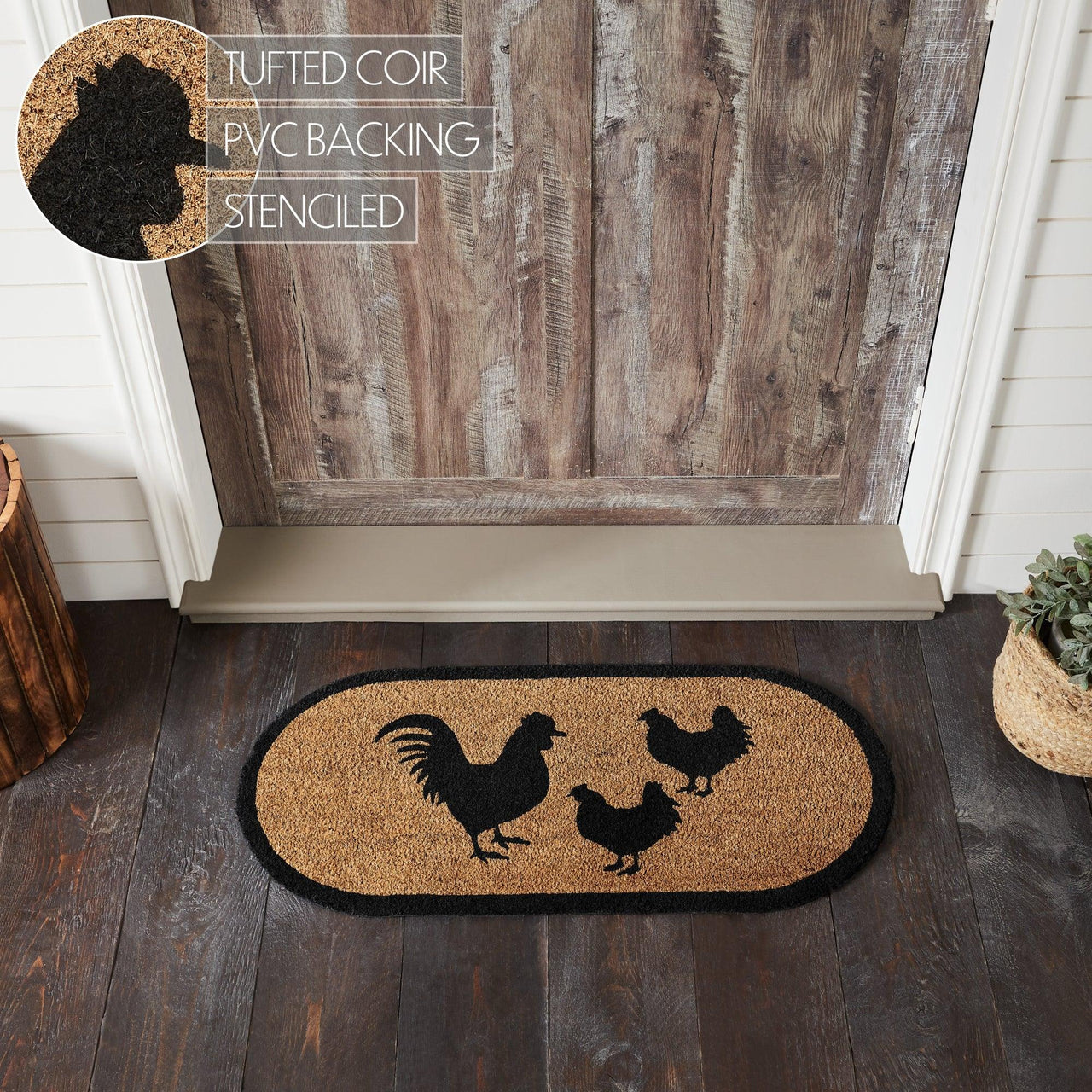 Down Home Rooster & Hens Coir Rug Oval 17x36 - The Fox Decor