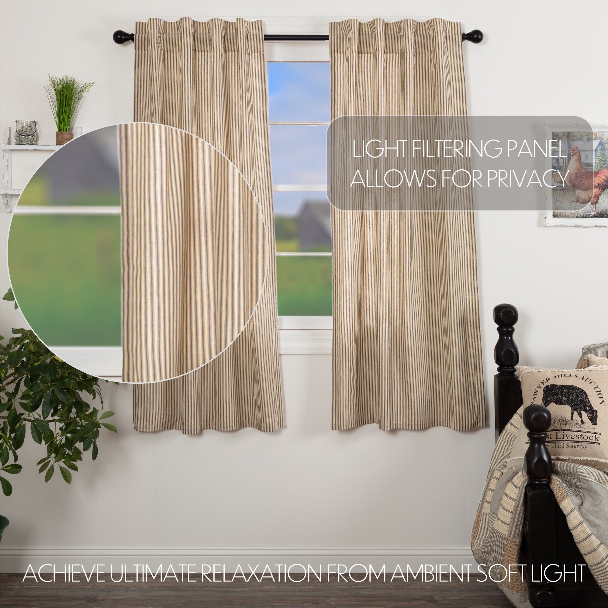 Sawyer Mill Charcoal Ticking Stripe Short Panel Curtain Set of 2 63