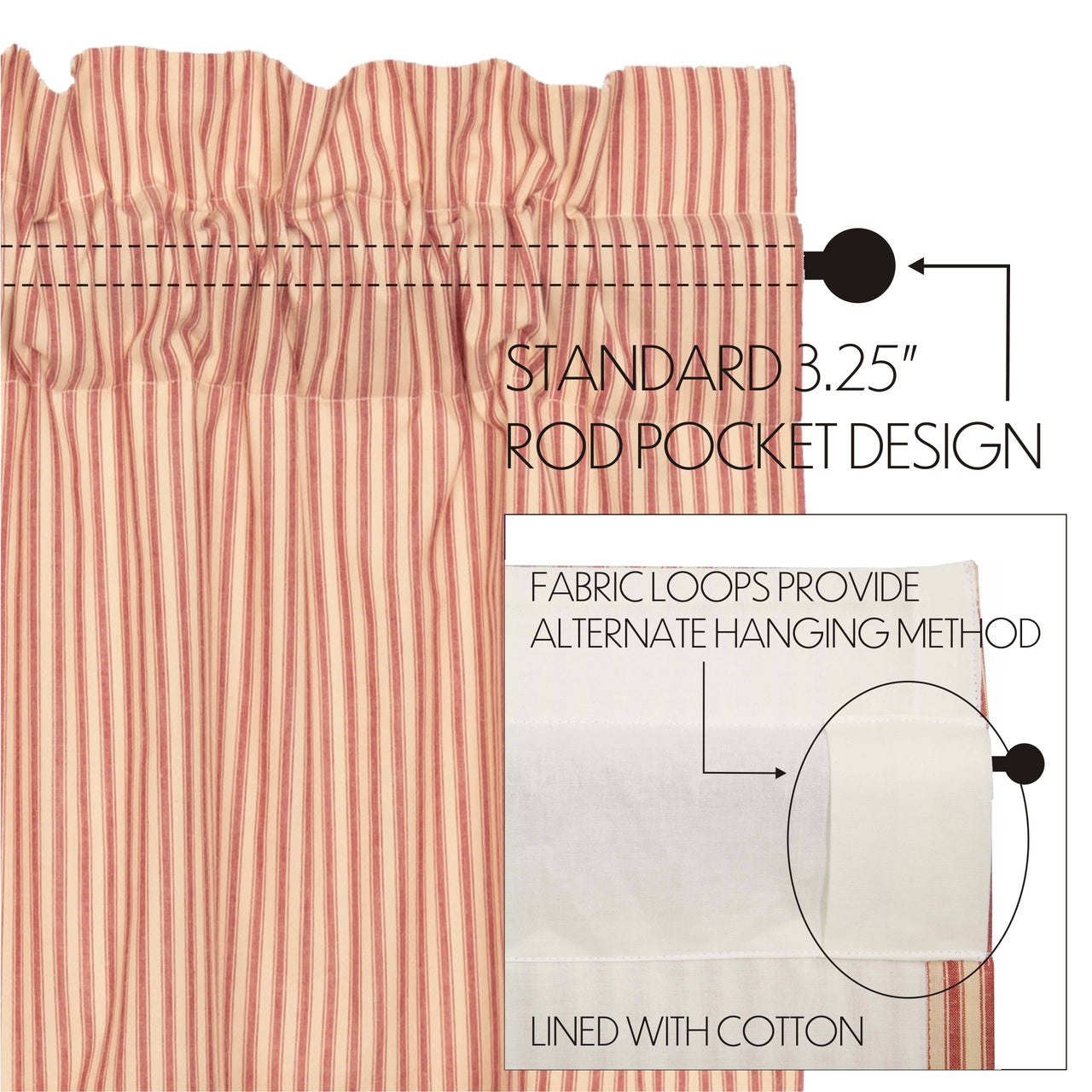 Sawyer Mill Red Ticking Stripe Prairie Long Panel Curtain Set of 2
