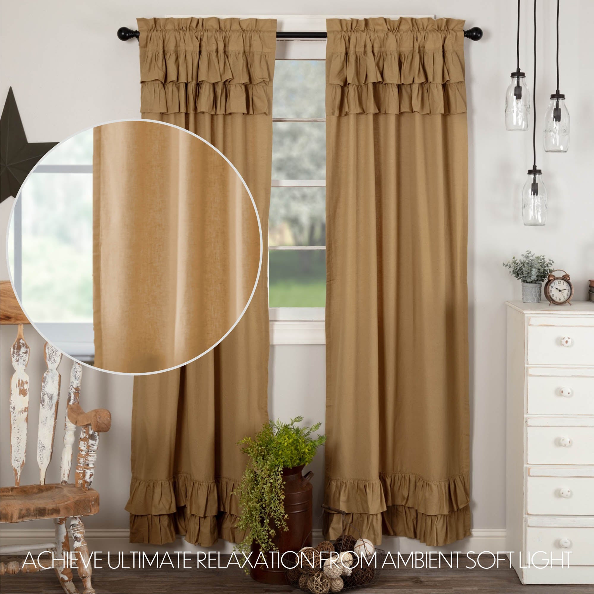 Simple Life Flax Khaki Ruffled Panel Country Curtain Set of 2 84