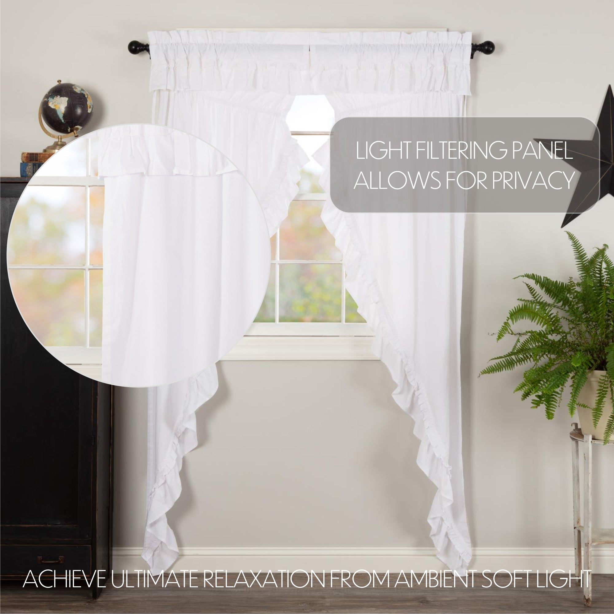 Muslin Ruffled Bleached White Prairie Long Panel Curtain Set of 2 84x36x18 VHC Brands