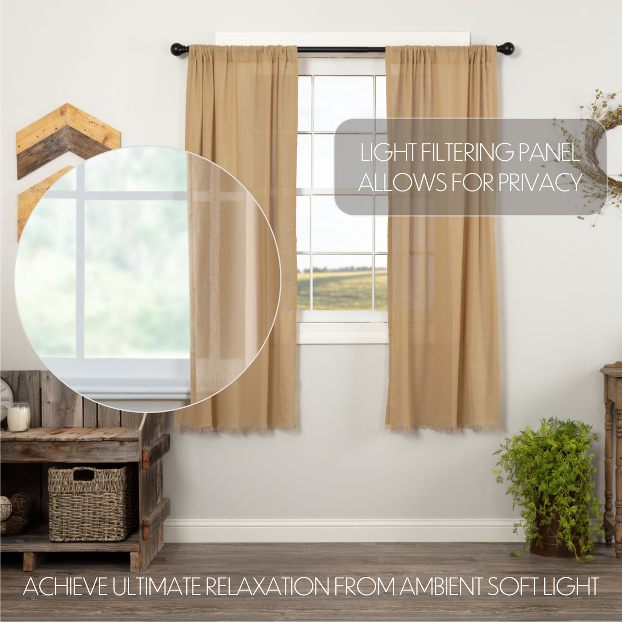 Tobacco Cloth Khaki Short Panel Curtain Fringed Set of 2 63x36 VHC Brands