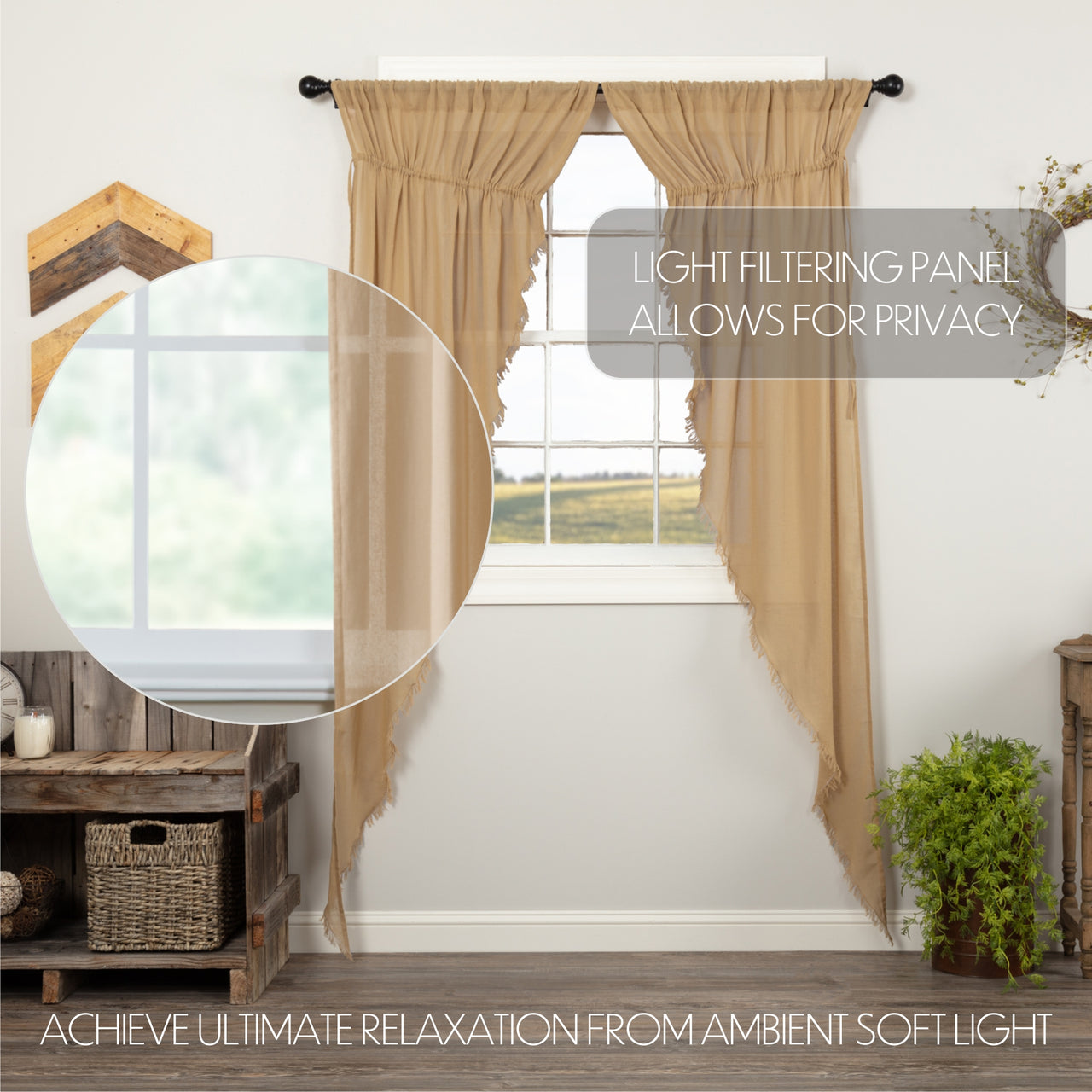 Tobacco Cloth Khaki Prairie Long Panel Curtain Fringed Set of 2 84x36x18 VHC Brands