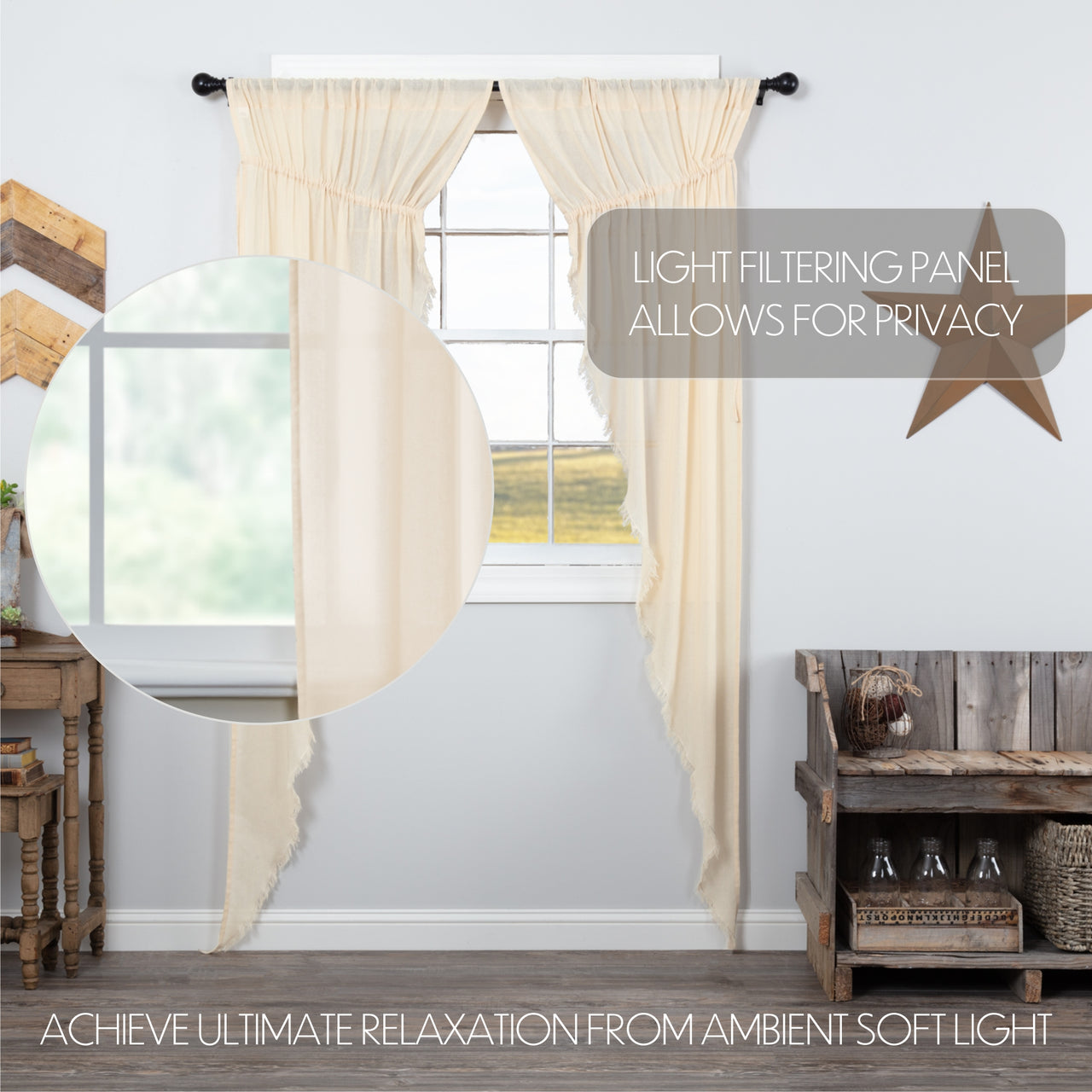 Tobacco Cloth Natural Prairie Long Panel Curtain Fringed Set of 2 84x36x18 VHC Brands