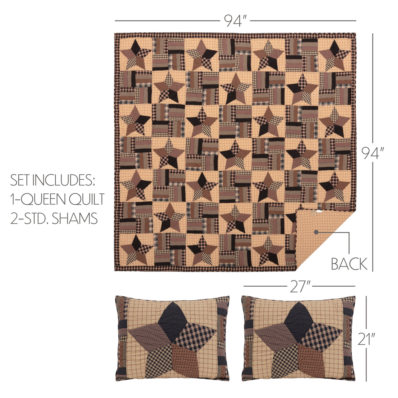 Bingham Star Queen Quilt Set; 1-Quilt 94Wx94L w/2 Shams 21x27 VHC Brands