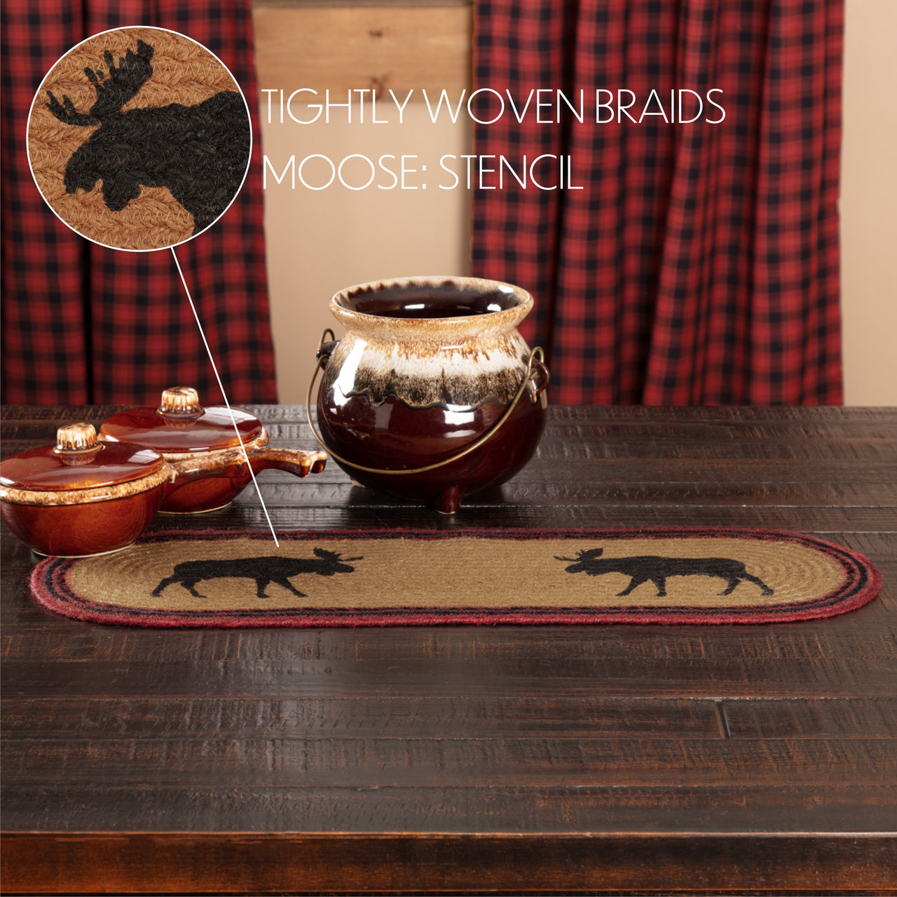 Cumberland Stenciled Moose Jute Runner Oval 8x24 VHC Brands