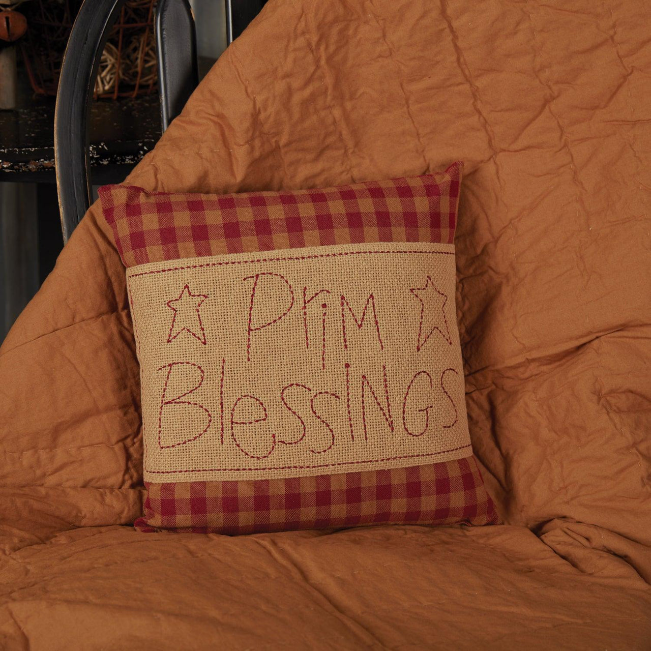 Burgundy Check Prim Blessings Pillow 12x12 - The Fox Decor