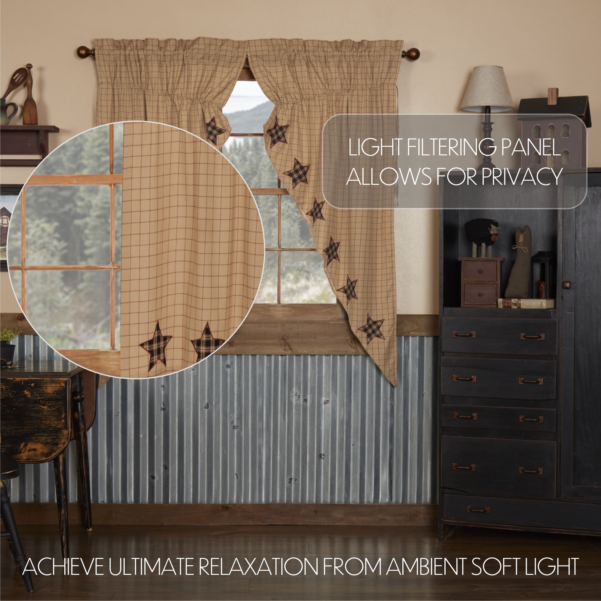 Bingham Star Prairie Short Panel Curtain Applique Star Set of 2 63x36x18