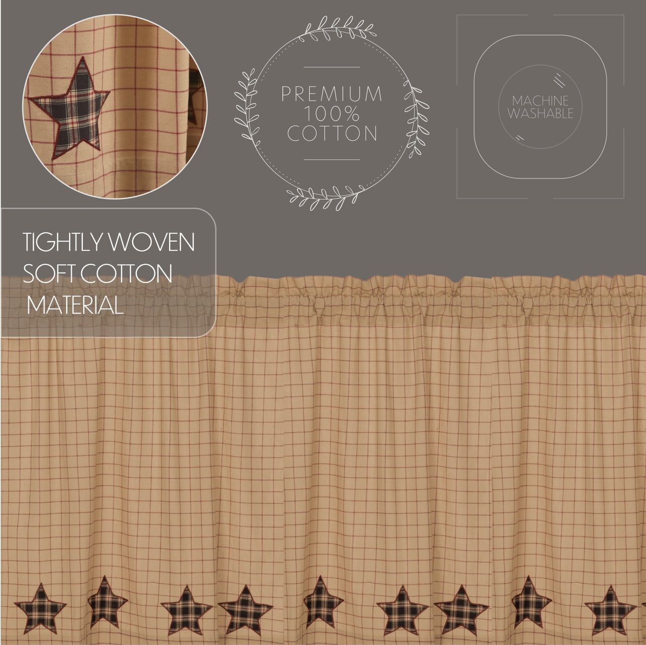 Bingham Star Prairie Short Panel Curtain Applique Star Set of 2 63x36x18