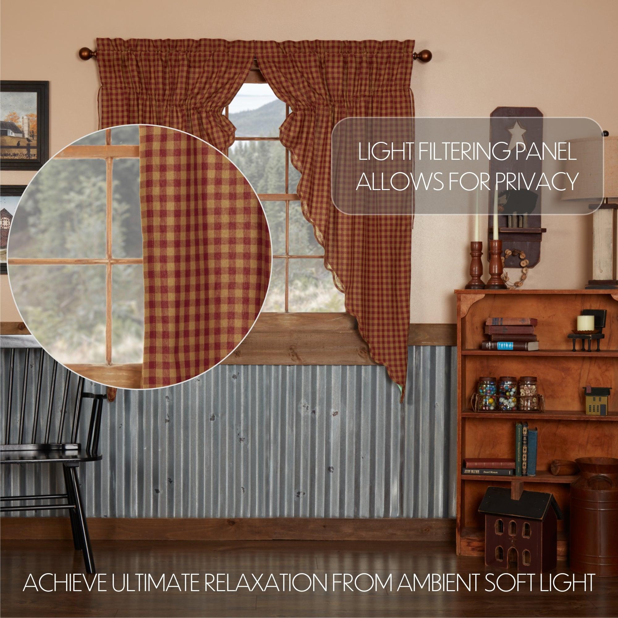 Burgundy Check Scalloped Prairie Short Panel Curtain Set of 2 63x36x18 - The Fox Decor