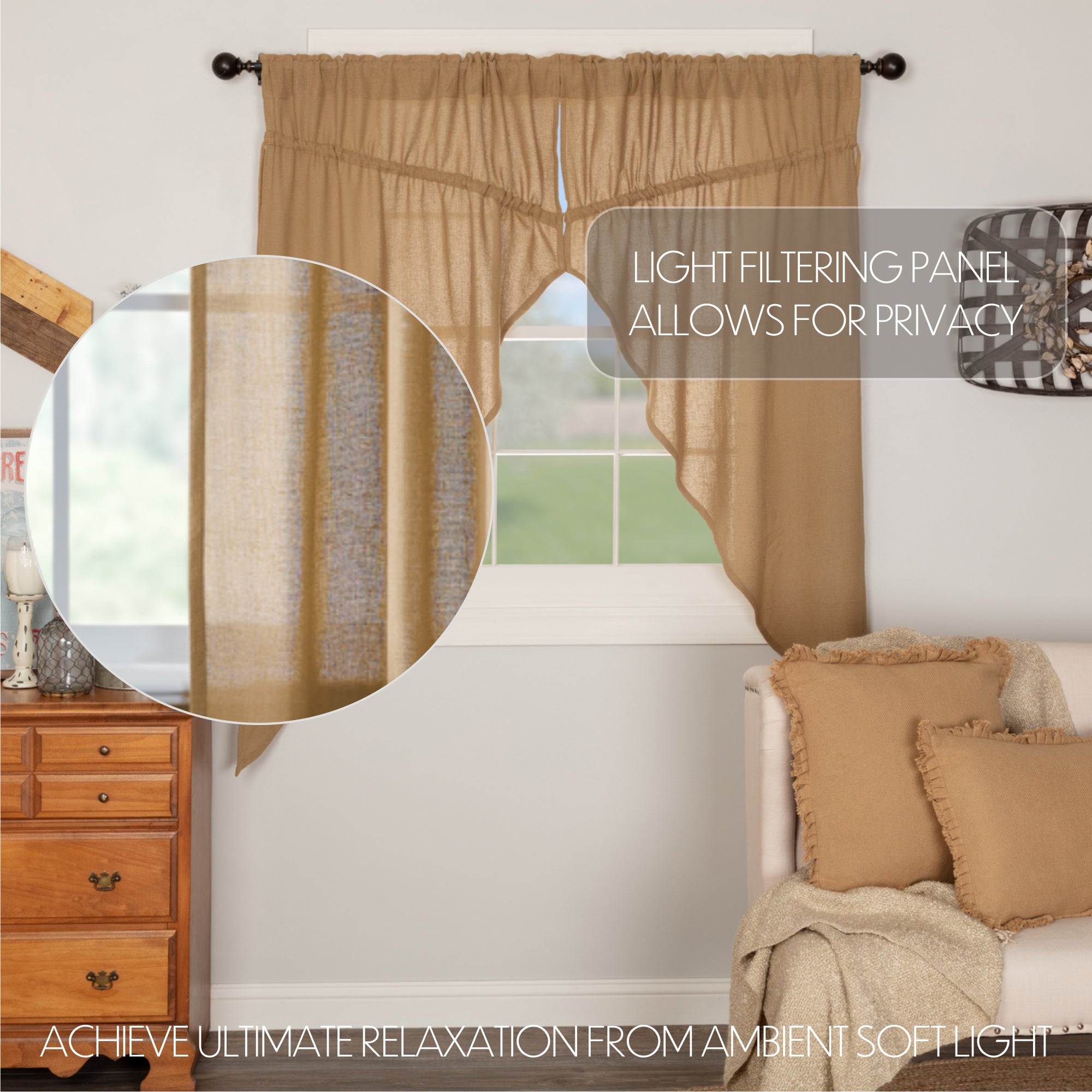 Burlap Natural Prairie Short Panel Curtain Set of 2 63x36x18 VHC Brands