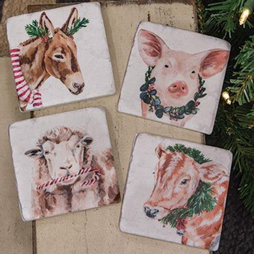 4 Set Christmas Farm Animals Resin Coasters - The Fox Decor