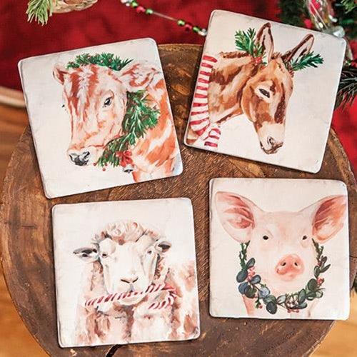 4 Set Christmas Farm Animals Resin Coasters - The Fox Decor