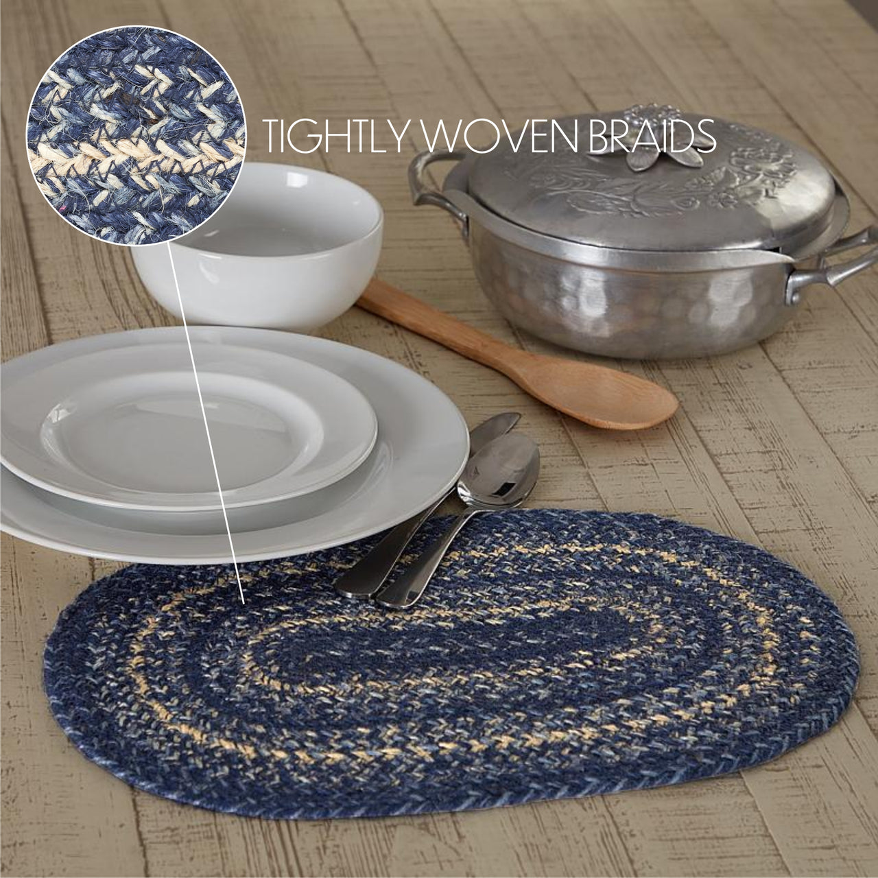 Great Falls Blue Jute Braided Oval Placemat 10"x15" VHC Brands