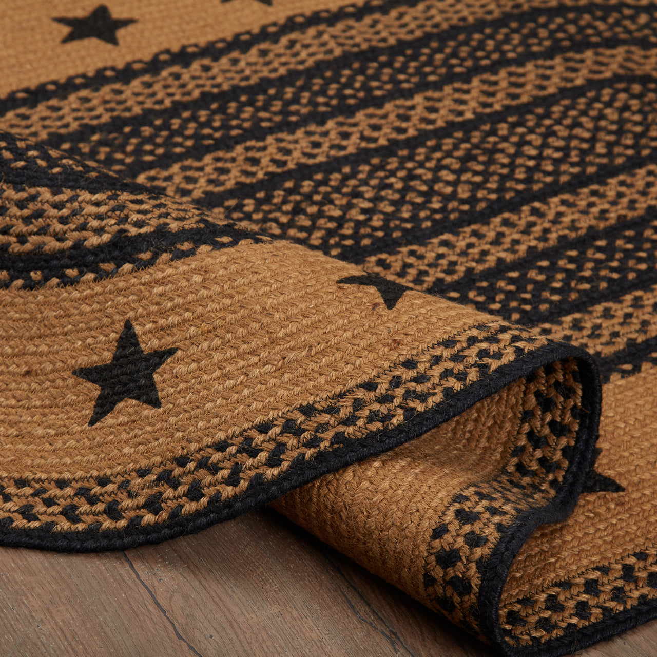 Farmhouse Jute Braided Rug Oval Stencil Stars Border 3'x5' with Rug Pad VHC Brands