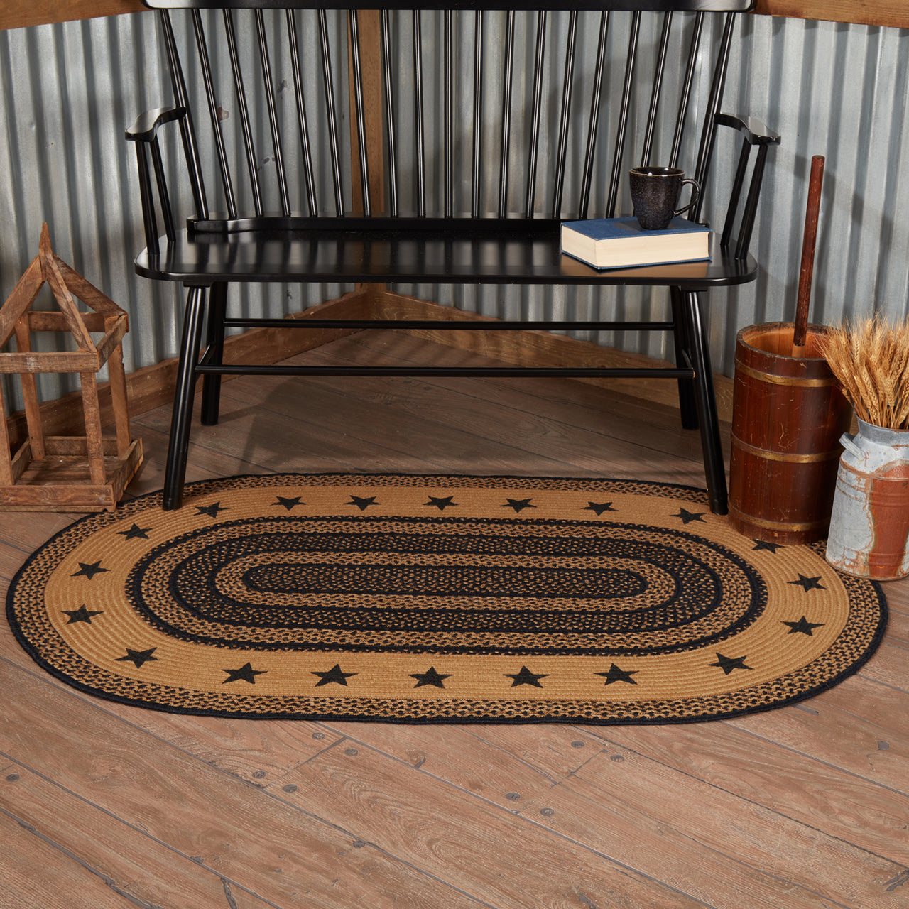 Farmhouse Jute Braided Rug Oval Stencil Stars Border 3'x5' with Rug Pad VHC Brands