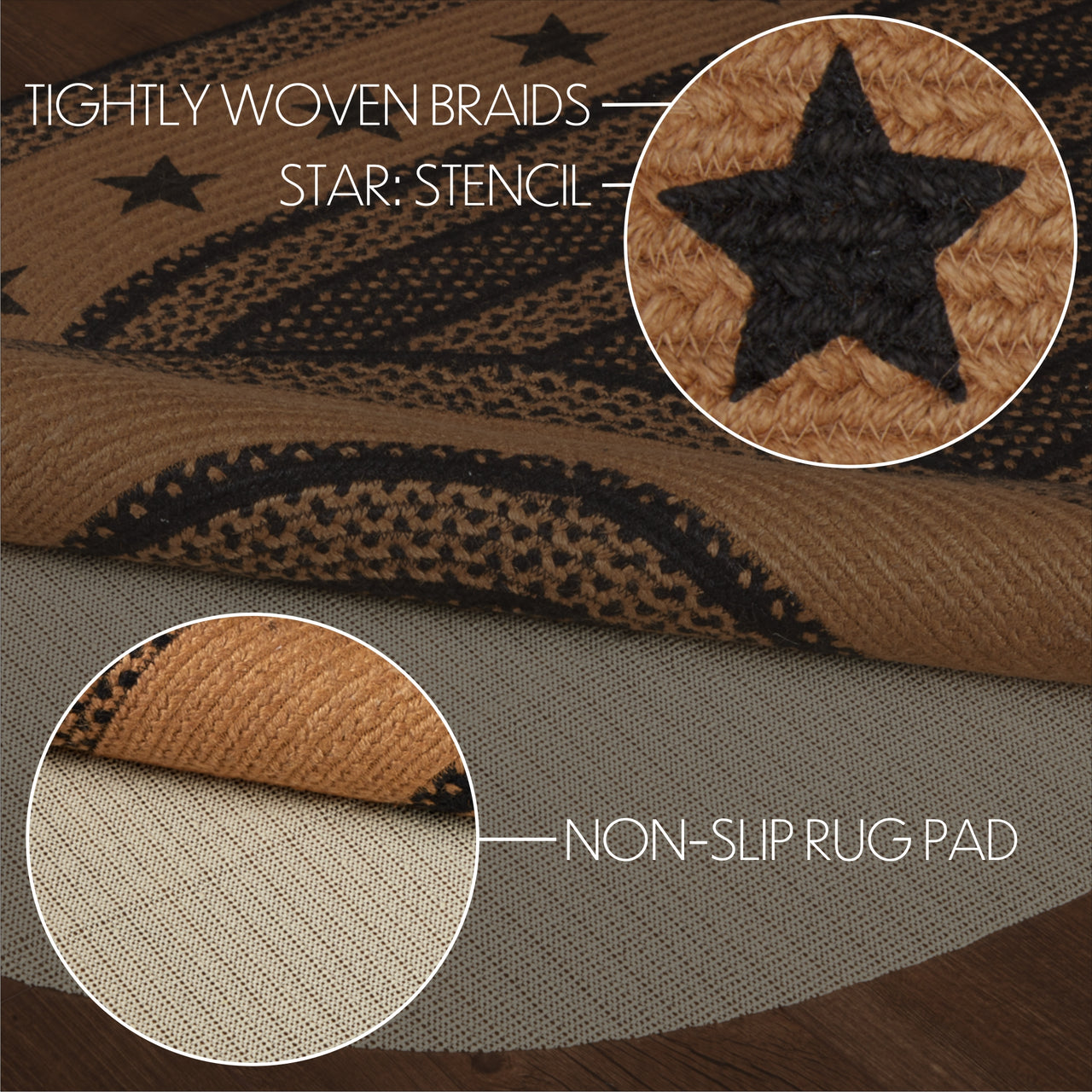 Farmhouse Jute Braided Rug Oval Stencil Stars Border 3'x5' with Rug Pad VHC Brands