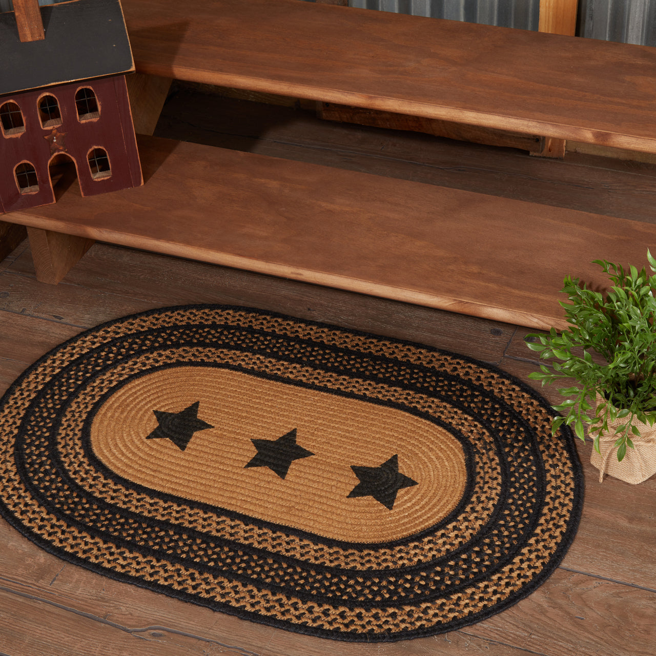 Farmhouse Jute Braided Rug Oval Stencil Stars 24"x36" (2'x3') VHC Brands