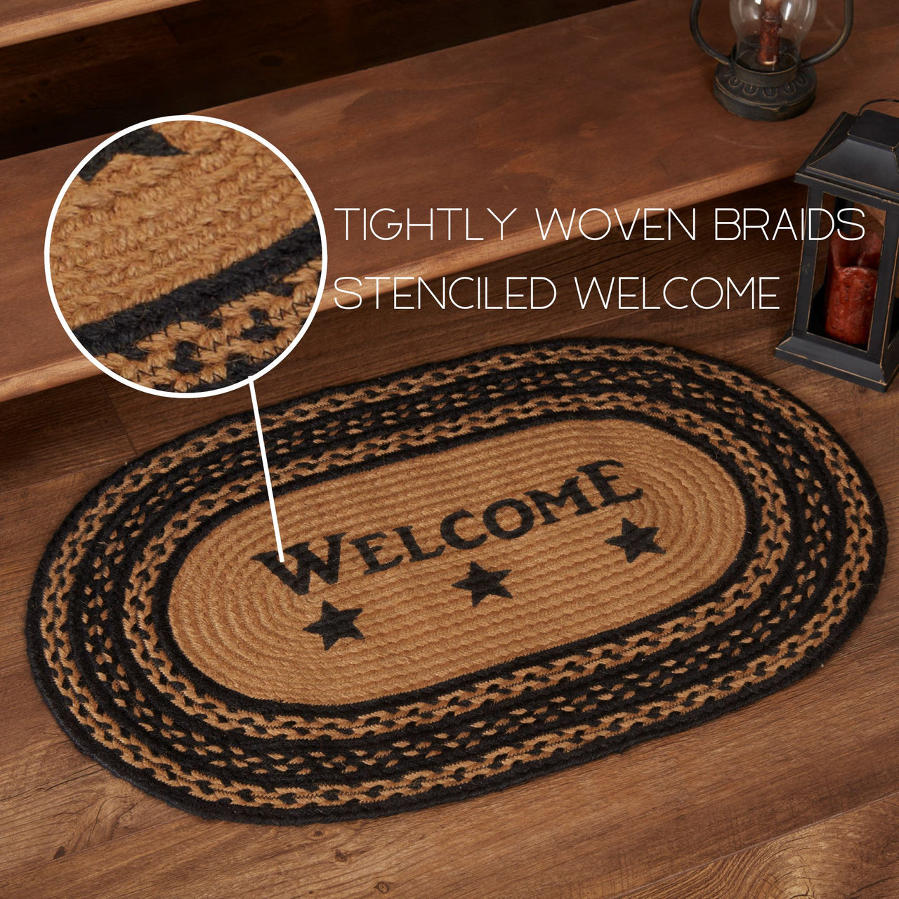 Farmhouse Jute Braided Rug Oval Stencil Stars Welcome 20"x30" VHC Brands - The Fox Decor