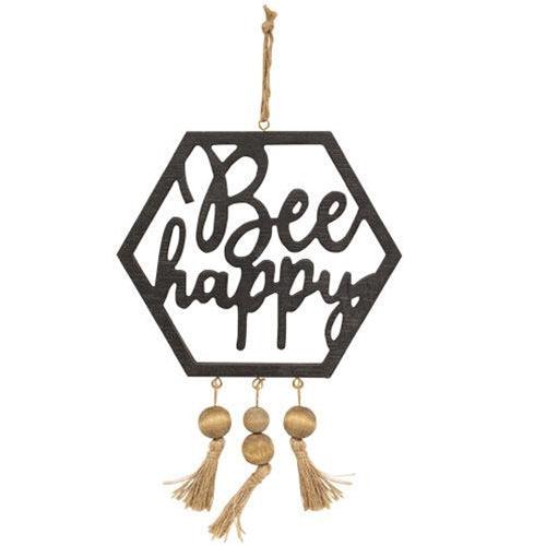 Bee Happy Hanging Wooden Cutout With Beaded Tassels - The Fox Decor